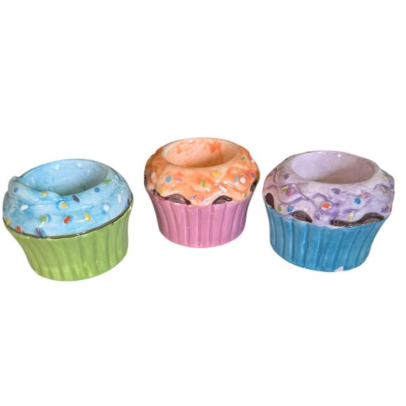 Cupcake Candle Holders Set Of 3 Pink Blue Green - Picture 1 of 9